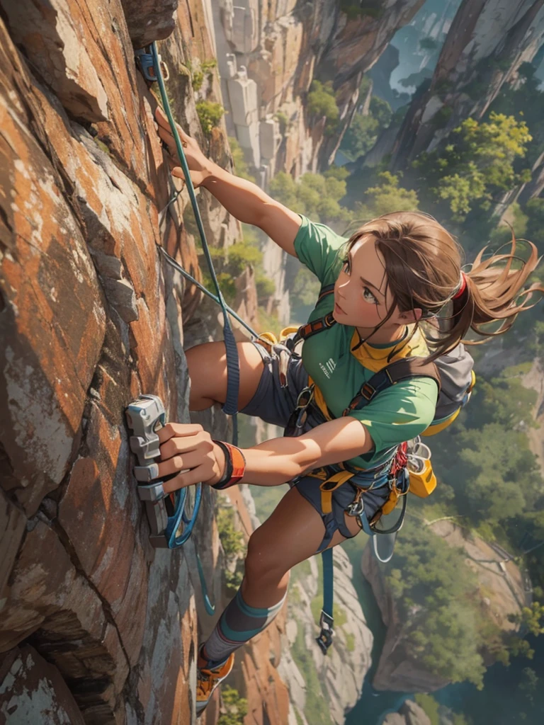 (we see her from above), ultra high definition, best quality, masterpiece, highres, (colorful), (saturated color), artstation, concept art, smooth, sharp focus, illustration, sport girl, Hyperrealism, small breast, small hips, detailed face, delicate face, focus on face, ((pov)), (30 years old), wide eyes, green eyes, brown hair, (lightly muscled body), (climbing a cliff), ((climbing gear)), (lead climbing),