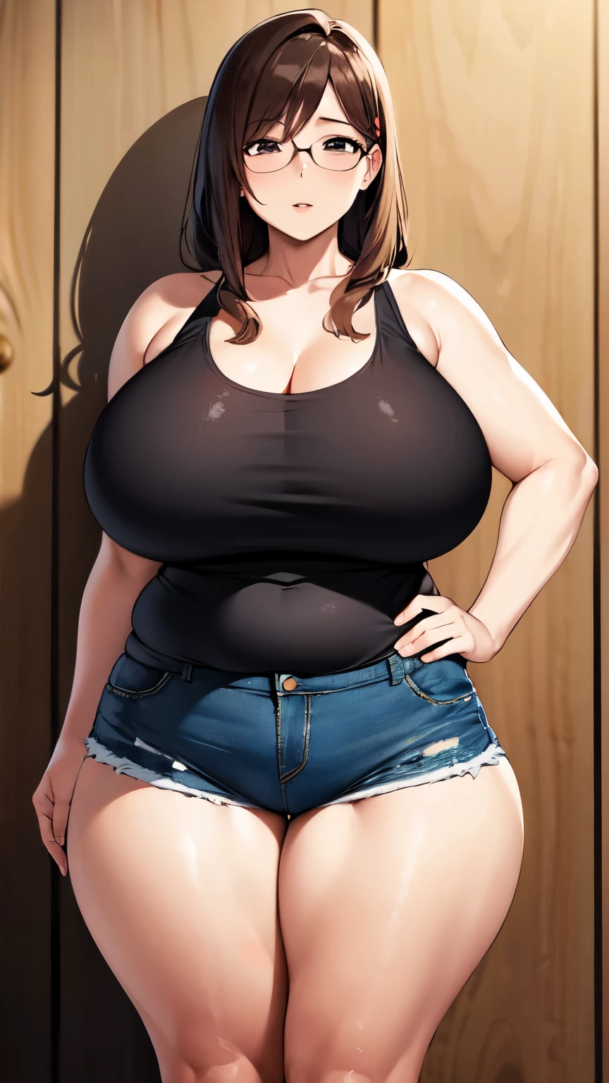 huge breasts, big hips, Tank top, denim shorts, full body shot, Mature mother, Whip lower body, plump thighs, calf, bewitching mature woman, perfect body, plus size model, Glasses Girl, Meiko Shiraki,