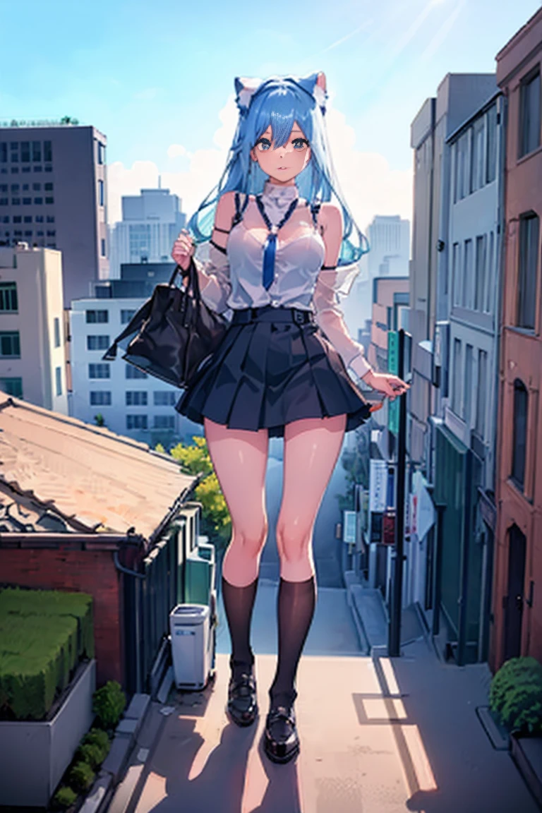 huge，Teenage girl，short skirt，teasing，A giant girl taller than a building，Wearing white stockings，Sitting on the roof of the building，The view from the rooftop，Close to the perspective of fat，Toyed around，shrouded in the villain，Lifted up the skirt，arroganthuge，Light cyan hair，Big blue cat ears，Teenage girl，short skirt，Teasing the villain，A giant girl taller than a building，arrogant,Wearing white panties