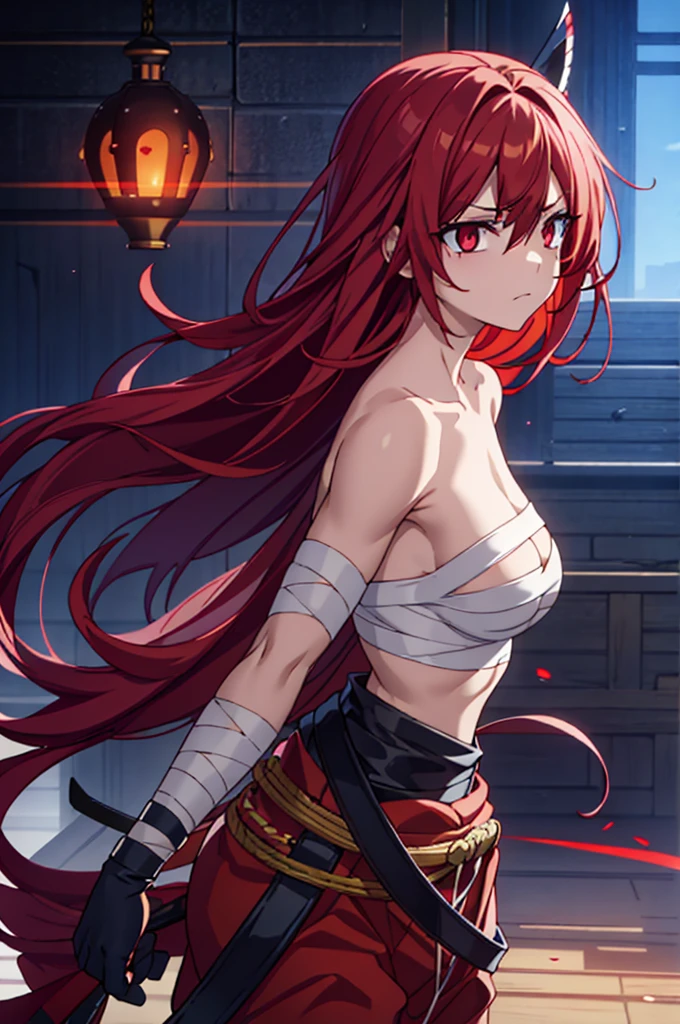 red scarlet hair, half naked on the top except she is wearing bandages covering her breasts, samurai pants, woman, muscles, red glowing eyes, crying, sad, mature woman