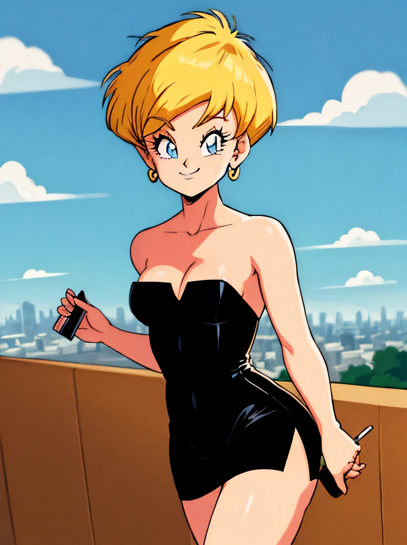 erasa, blonde hair, short hair, blue eyes, earrings, black dress, short black dress, bodycon, skin-tight dress, strapless, cleavage, small breast, 1 girl, solo, smile, seductive, city, sunlight, blue sky, Masterpiece, holding a purse