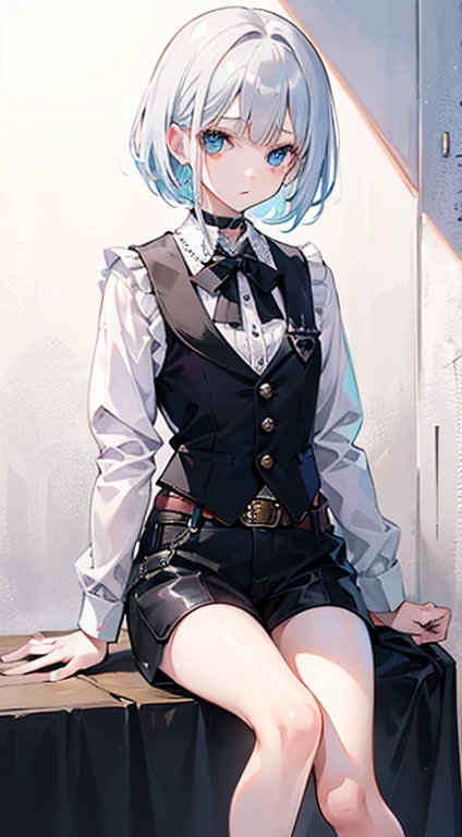 (top-quality、masterpiece、high-level image quality、Super delicate)、((Beautiful Boys))、(Silvery short hair、Long bangs)、(Blue eyes)、a choker、(A black butler-like vest and black shorts)、garterbelts、cool expression、