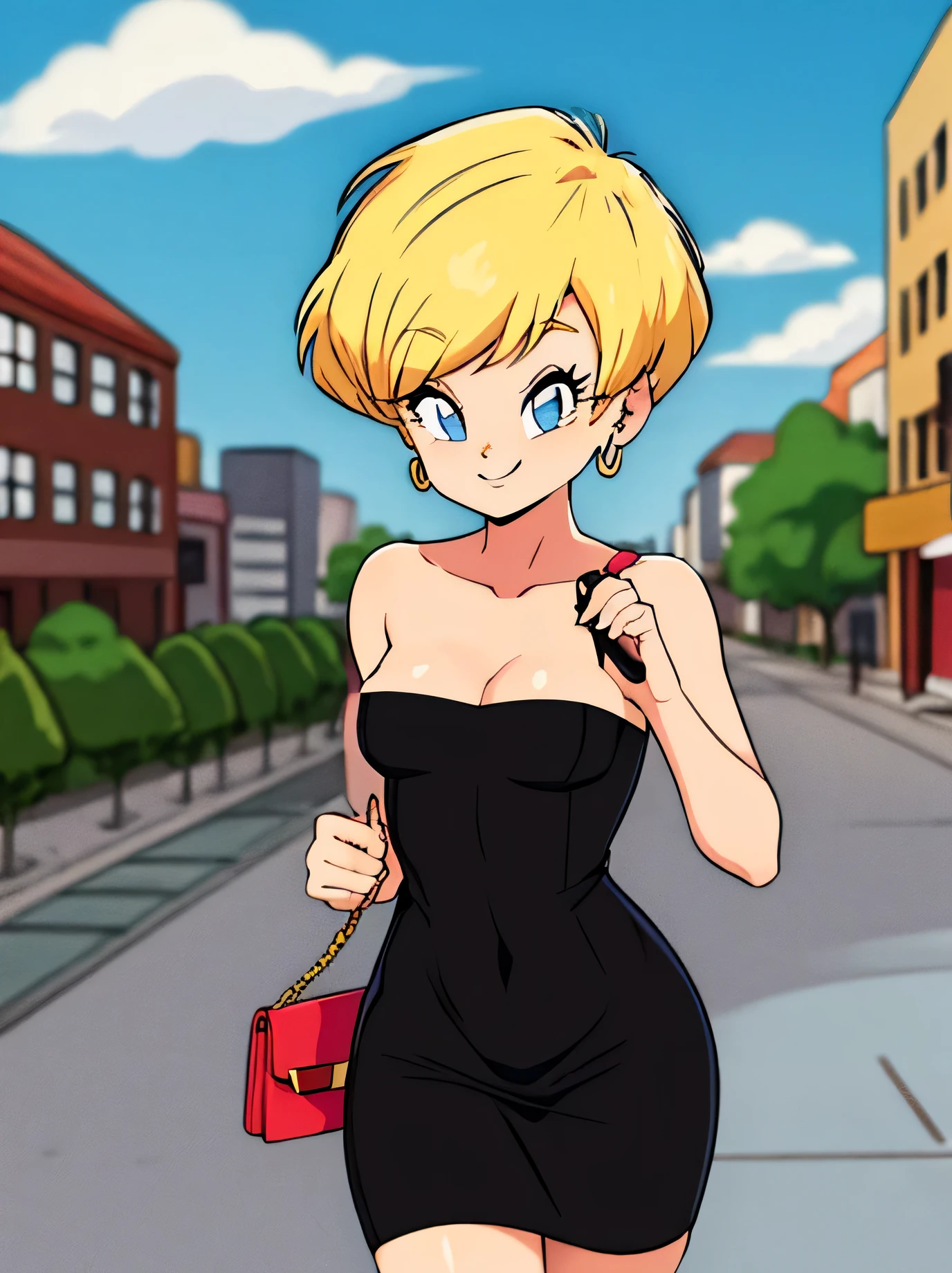 erasa, blonde hair, short hair, blue eyes, earrings, black dress, short black dress, bodycon, skin-tight dress, strapless, cleavage, small breast, 1 girl, solo, smile, seductive, city, sunlight, blue sky, Masterpiece, holding a purse