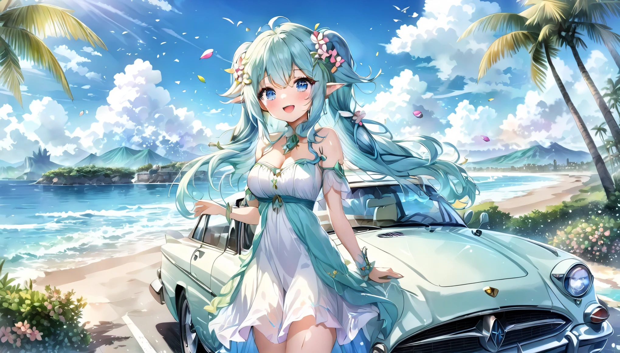  (masterpiece, best quality), 1 elven girl, ( bear breasts, thigh),  (light blue hair, twin tails ,very long hair is fluttering in the wind), hair between eyes, multi colored hair,hair flower ornament ,(blush, smile, aqua eyes), open mouth, elf dress,  (Open the front of the  dress chest very wide), large breasts, pointed ears, car ,white car , standing next to the car,  Palm trees line the shoreline 