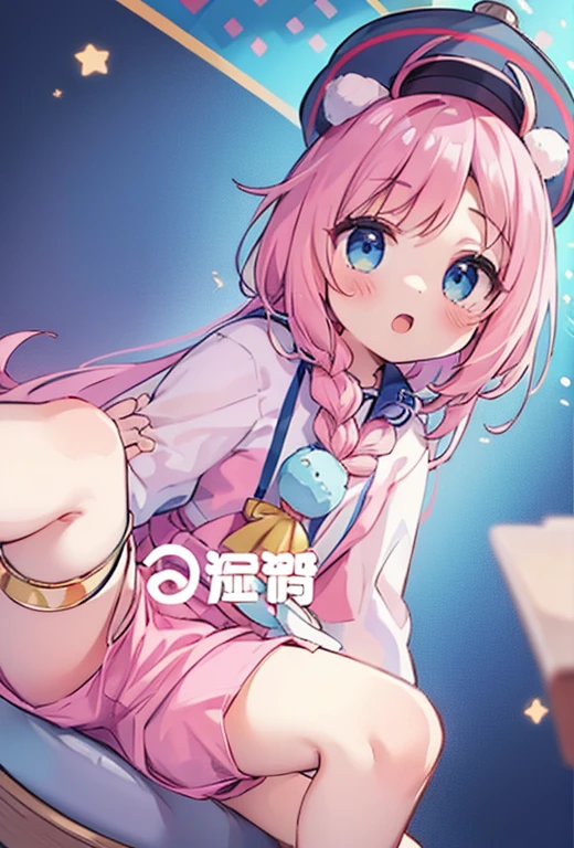 beautiful illustrations, highest quality, ( girl:1.4)、(pretty girl:1.5)、、、flat chest、sailor collar、(White long tunic)、long sleeve sailor suit、Blue-line cuffs、(pink chino shorts:1.4)、(pink shorts with wide opening:1.2)、Gap between thigh and pants、slim thighs、(spread legs)、white socks、 cinematic lighting, (pink long hair)、pink straight hair、redness of cheeks、(Braiding of the back of the head)