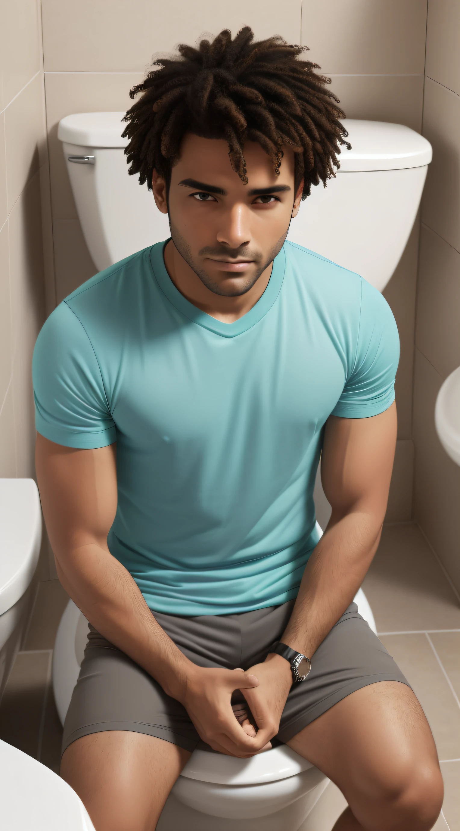 (a man sitting on the toilet, wearing shorts, yellow t-shirt, front view, Make direct eye contact with the camera):0.9