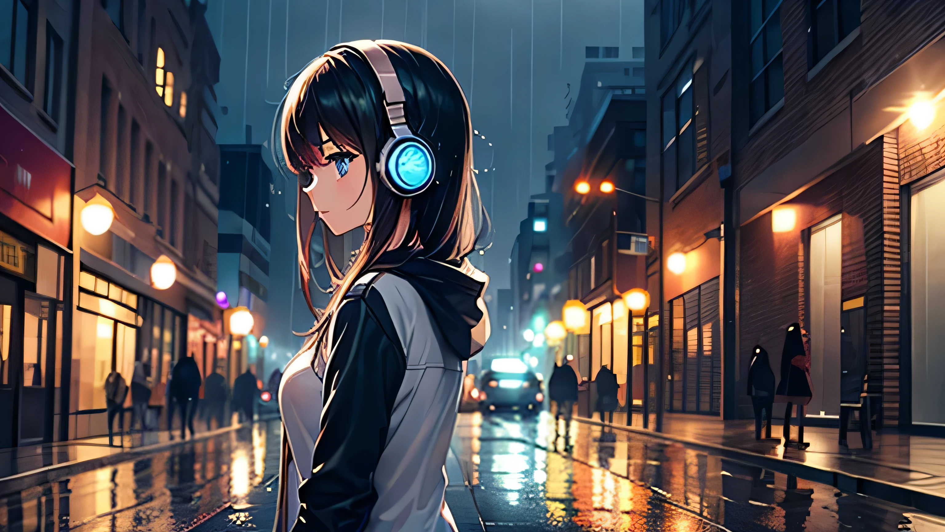 A beautiful girl wearing headphones standing in the rain in the city　Diagonal back view