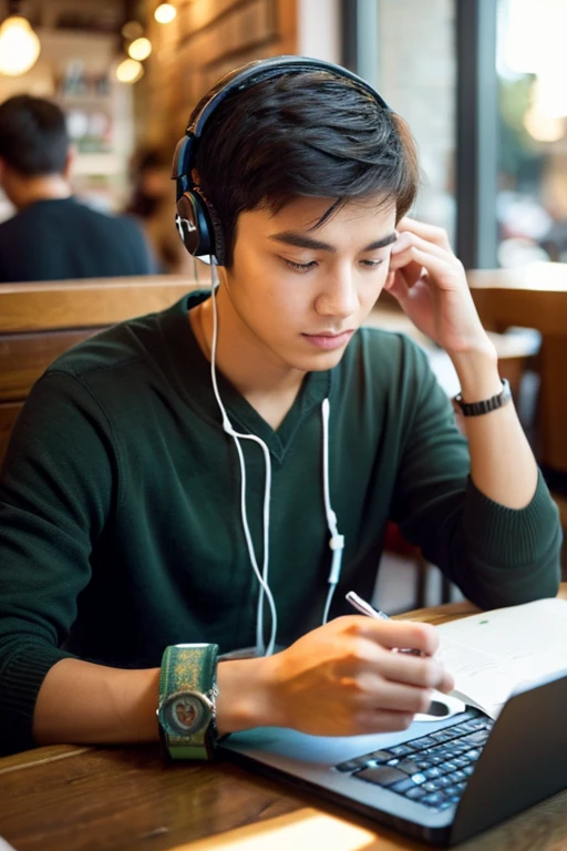 Depict a young boy focused on studying or working with headphones on in a cafe. He is completely absorbed in his work, surrounded by the ambient noise of the cafe. The boy's table is cluttered with books, notebooks, and a laptop, signifying a long session of productivity. He occasionally sips coffee from a mug beside him, staying energized. The cafe environment is cozy, with warm lighting and a comfortable atmosphere, enhancing his concentration and comfort.