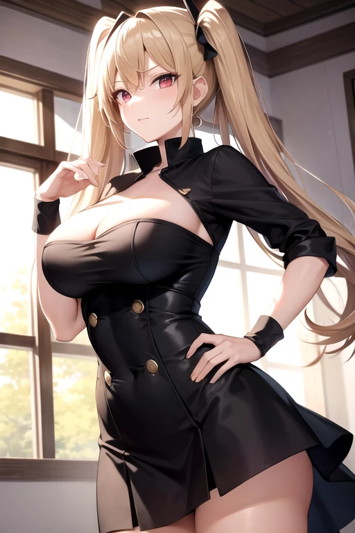 masterpiece, Detailed image, illustration, Anime-style image of a large-breasted woman, standing, blonde hair, twintails, red eyes, medium hair, seductive anime girl, Perfect body, fluffy chest, serafuku
