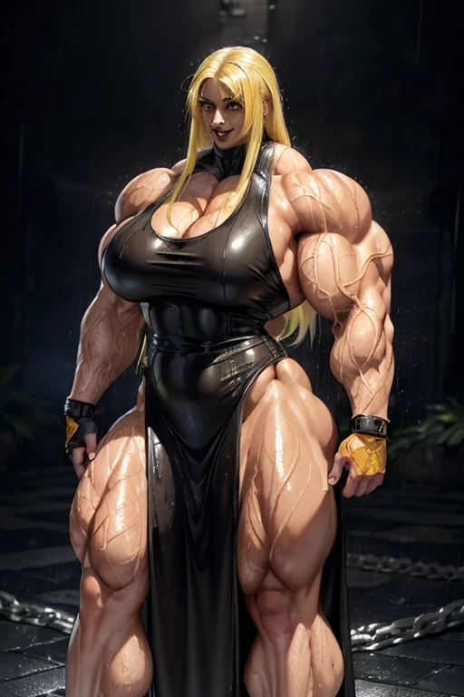 (((((Massive tall, beautiful, buff, wet, light brown skinned muscular woman with wet yellow hair, black lipstick, ginormous bulky muscles, and wearing a black leather maxi dress))))), close view, massive muscle, massive biceps, hyper muscle shoulders, (massive muscle arms), vascular shoulders, hyper muscle triceps, (flowing long hair), gray eyes, choker, (long fingerless gloves), (chain belt), black boots, (in a rainy pitch black alley), confidant smile, night, hyper vascular arm, hyper muscles arms, hyper muscle legs, (massive arms).