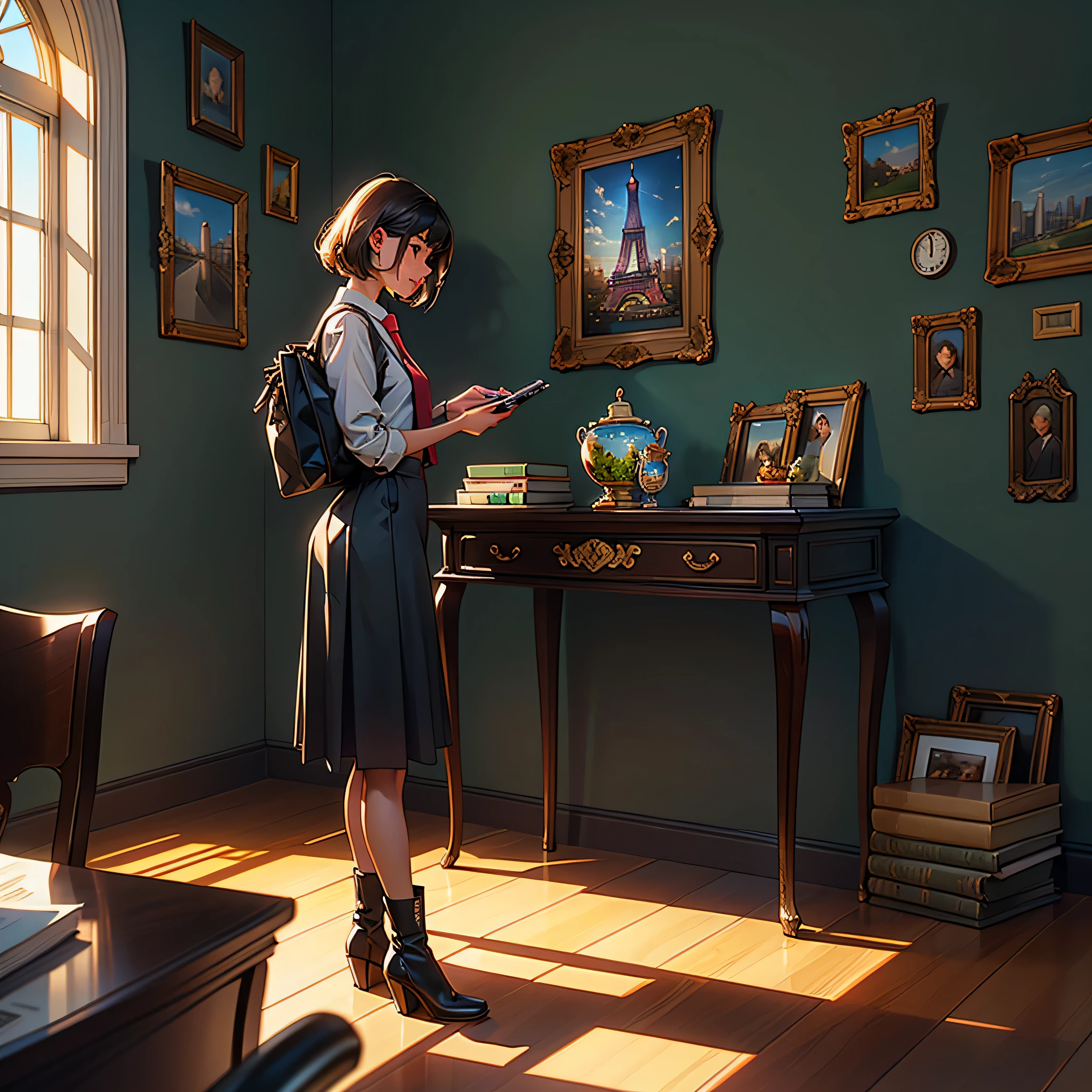 A fine girl, with black hair, she is wearing short shorts and a shirt, she's 18, her eyes are dark brown, coffee, she loves coffee, she is holding a cup of coffee, she is black, has dark skin, Globe World Earth (epic tMasterpiece, ultra highest quality, ultra highest resolution, ultra high-definition, distinct_image, very elaborate CG cinematic_lighting ray_tracing drop_shadows (photorealistic: 1.4), ultra high-quality textures fine-grained realistic face expression): (Epic gorgeous girl brown short hair bulb frange big sparkling eyes, Eye level shot, happy smile, beauty, slim body small size breasts, holiday, own room, console disco, computer, display, keyboard, mouse, long leather skirt, collared shirt, leather vest, handgun holder, carrying leather bag on your back, long boots, antique radio, coffee, model train, bookshelf, spacious yellowchair, Pots, fans, paintings, stuffed animals, ties, notebooks, stationery, vases, photo frames, letters, fountain pens, calendars, lamps, cushions, baskets, mirrors reflecting in profile, candles, telephone, fruit, newspapers, sweets, city Eiffel view outside the window), Pendulum clock frog, varied multi etc. --v6 --s1000 --c20 --q5 --chaos100