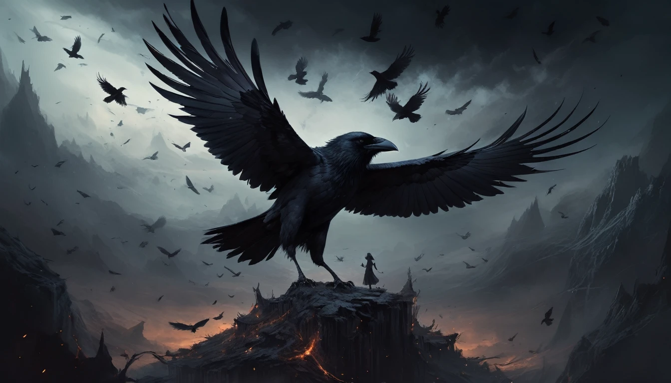 dark fantasy, abstract, digital painting, 8k, detailed, beautiful women flies on top of huge crow, huge crow flying through the air, crow deity, (detailed description,dark atmosphere),(mystical and mythical),(fantasy landscape),(sharp details),(incredible depth),(haunting presence),(gorgeous and captivating)