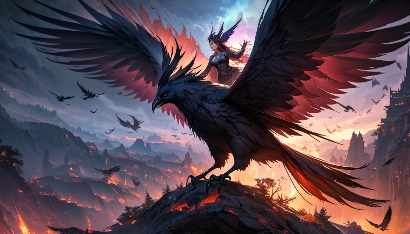 dark fantasy, digital painting, 8k, detailed, beautiful women flies on top of huge crow, huge crow flying through the air, crow deity, (detailed description,dark atmosphere),(mystical and mythical),(fantasy landscape),(sharp details),(incredible depth),(haunting presence),(gorgeous and captivating)