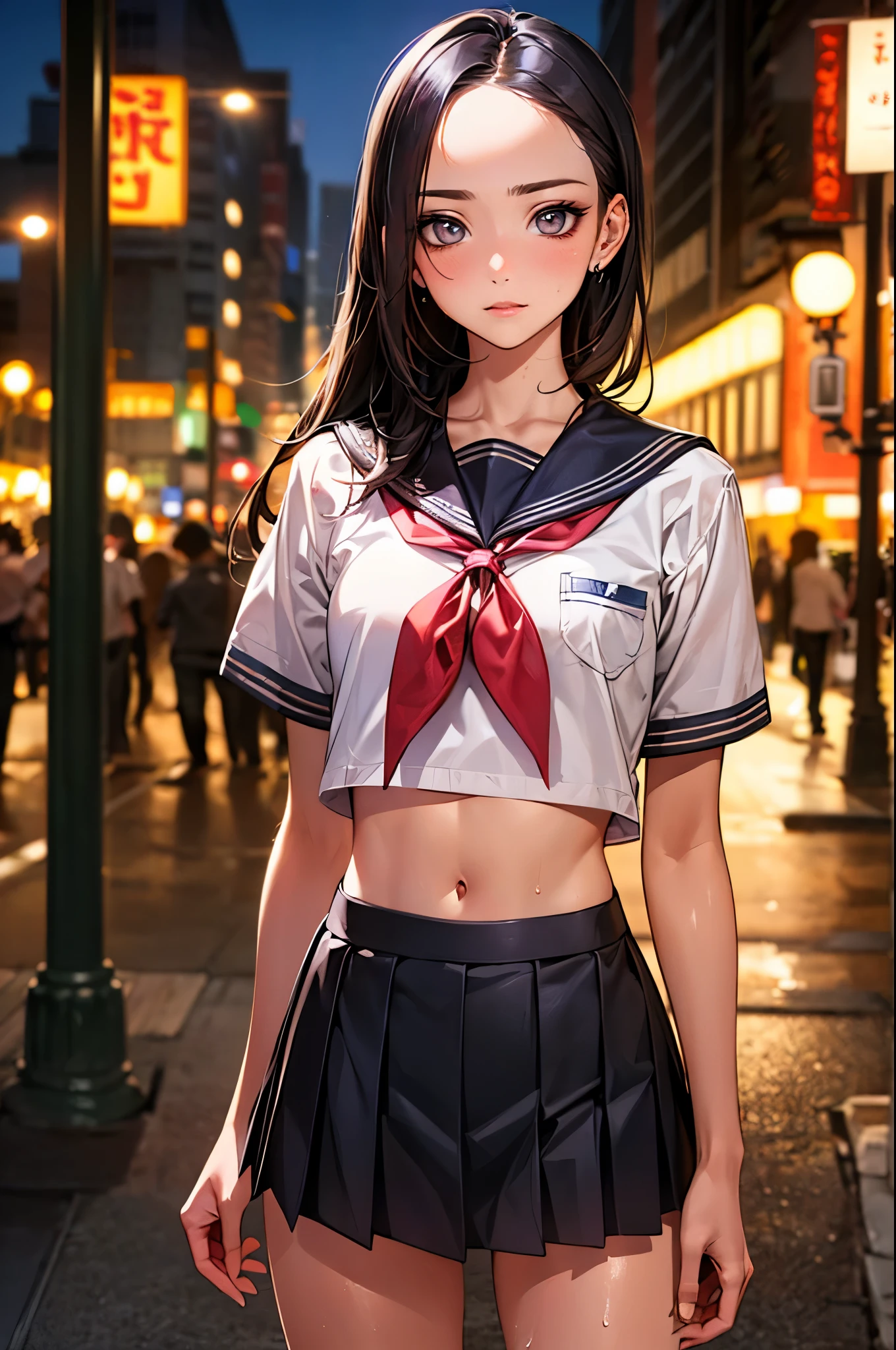 ((perfect anatomy,realistic:1.2,RAW Photography:1.2,masterpiece、highest quality、Ultra - High resolution、High resolution、Highly detailed CG、8K)),cowboy shot,1 female,solo,18-year-old、High school girl swordsman、18-year-oldの美少女,Japanese,(beautiful detailed face and eyes:1.2,big gorgeous eyes:1.2,gray eyes,),black hair,long bob hair,(center parted hair,forehead),(medium breasts,slender body,small head:1.2,skinny),(oily skin,gleaming skin,shiny skin,sweat),school clothes、short sleeve、sailor suit、Black sailor collar、navel、red neckerchief、Black pleated mini skirt、on street,Tokyo、at night、neon、