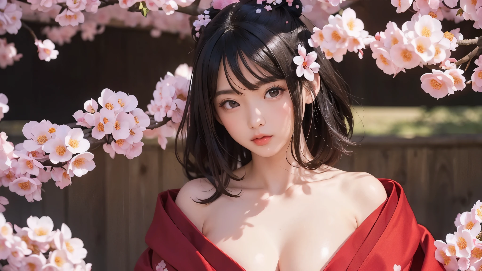 ((master piece))、((super detailed))、((beautiful girl))、(best quality)、(Cherry tree in full bloom)、(looking at the viewer)、(glamorous body)、(realistic black hair)、reflex hair、pout a little、beautiful and fine eyes、(red kimono、open shoulder、open nipples)