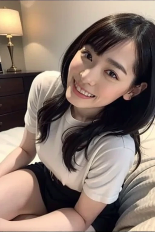 black hair, shiny hair, wide eyes, pupils sparkling, smile, light smile, laughing, Surrealism, modern, Hyperrealism, Verism, cinematic lighting, UHD, retina, masterpiece, ccurate, anatomically correct, textured skin, super detail, high details, high quality, best quality, highres, 1080P, HD, 4K, 8k、1 woman、20old woman、((sitting on the bed:1.5))