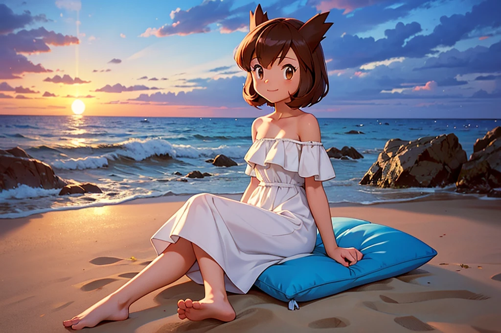 masterpiece, best quality, ultra-detailed, illustration, beautiful detailed eyes, very detailed illustration, cinematic lighting, 1 girl, solo, Pokemon Heroes (Bianca), Brown Hair, short hair, brown eyes, 1 girl, solo, bare shoulders, strapless, off shoulders, ruffle off the shoulder top, white maxi dress, intricate details, sharp focus, high resolution, beachside，evening light，early evening，sun down, sitting down on the beach, barefoot, her arms on the sand, a blue pillow on her back, cowboy shot, light smile, blue sunset skies, looking at viewers, dynamic angle,
