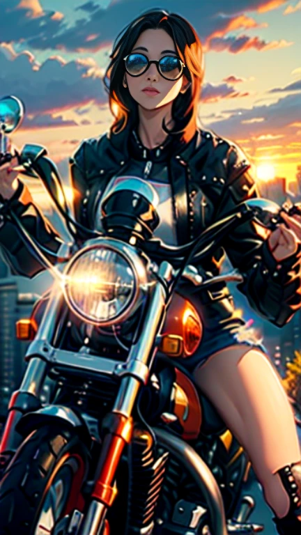 arafed woman sitting on a motorcycle with a sunset in the background, sitting on a motorcycle, riding a motorcycle, picture of a female biker, motorcycles, motorcycle, cover, riding, motorbiker, illustrative!!, biker, very close shot, chrome motorcycle parts, profile picture, wear a plaid shirt, riding a motorbike