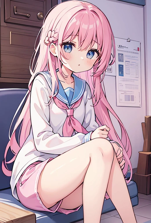 beautiful illustrations, highest quality, (12 year old girl:1.4)、(pretty girl:1.5)、、、flat chest、sailor collar、(White long tunic)、long sleeve sailor suit、Blue-line cuffs、(pink chino shorts:1.4)、(pink shorts with wide opening:1.2)、Gap between thigh and pants、slim thighs、white socks、 cinematic lighting, (pink long hair)、pink straight hair、redness of cheeks、(Braiding of the back of the head)