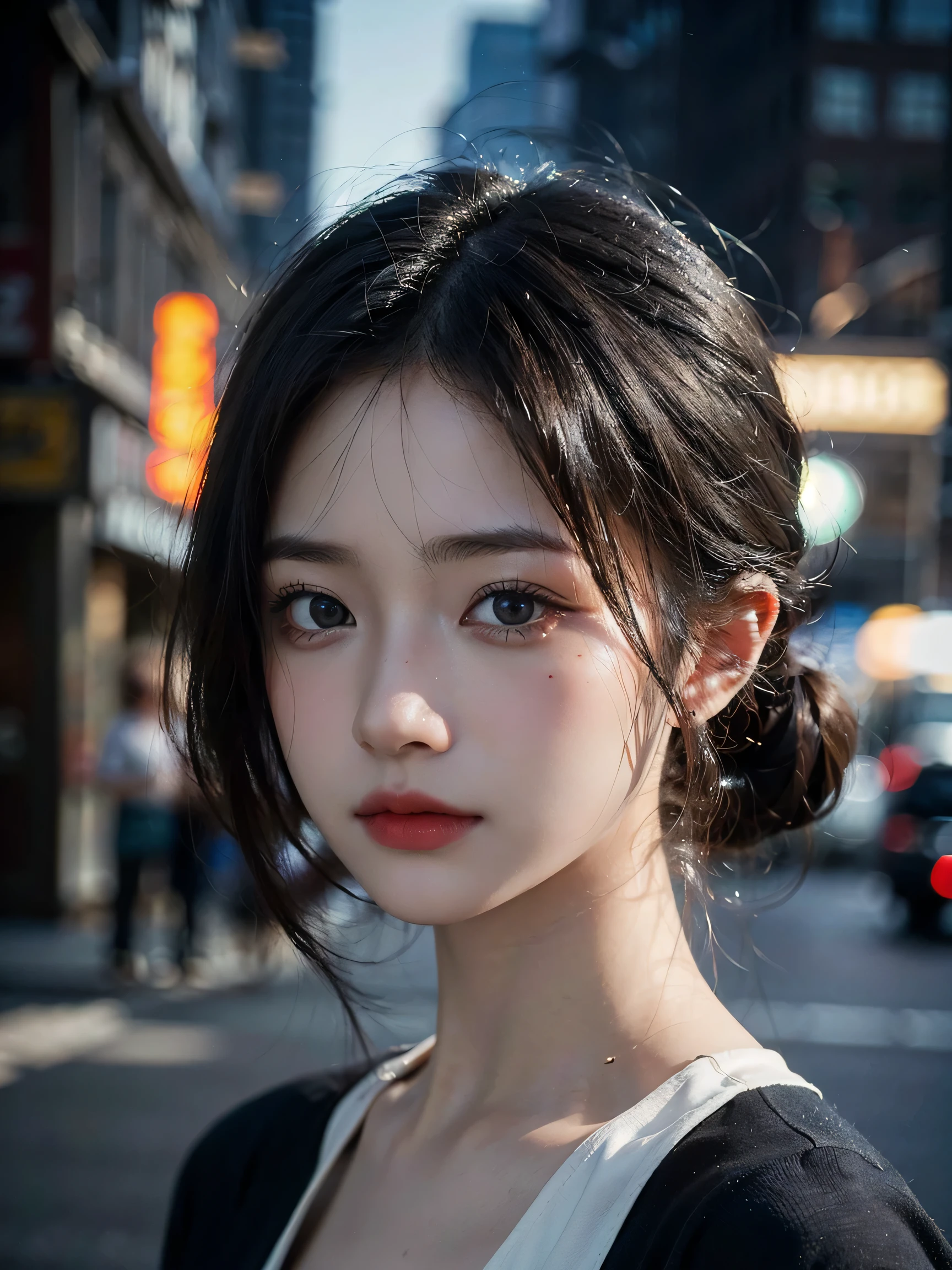 1girl, (looking at viewer:1.2), detail face, (a girl standing, rending on cgsociety, black shadows, streaming, new york backdrop), romanticism, atmospheric, (RAW photo, best quality), (realistic, photo-realistic:1.3), masterpiece, an extremely delicate and beautiful, extremely detailed,