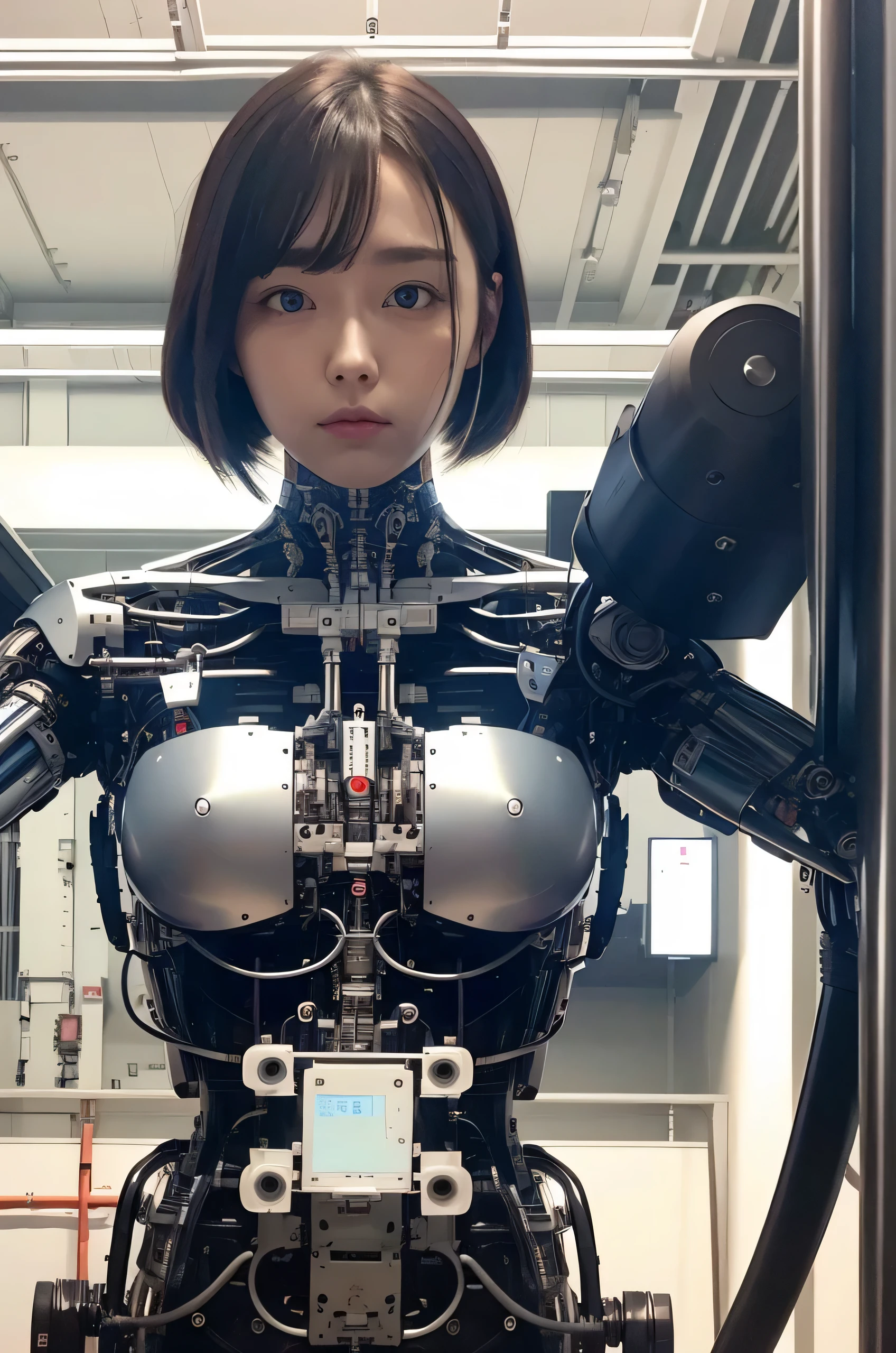 masterpiece, best quality, extremely detailed, Japaese android girl,Plump ,control panels,android,Droid,Mechanical Hand, Robot arms and legs,Blunt bangs,perfect robot girl,long tube,thick cable connected her neck,android,robot,humanoid,cyborg,japanese cyborg girl ,robot-assembly plant,She has assembled now,assembly scene,chest monitor,blue eyes
