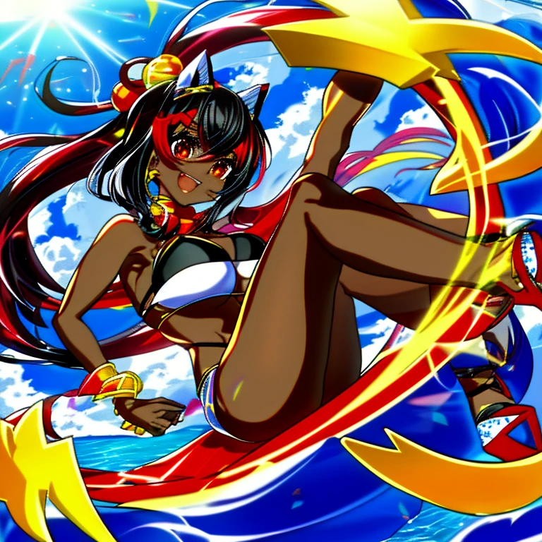 Anime – 1 girl – dark skin – best quality – 10.000 - hourglass figure - D cup breasts - red eyes with yellowish shades - long black hair - beach - seductive pose - silky smooth skin - pedicure with bright colored nail polish - manicure with bright colored nail polish - flip flops with platform heels - wearing a visually stunning bikini masterpiece, das jedermanns Aufmerksamkeit auf sich zieht