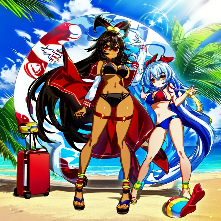 Anime – 1 girl – dark skin – best quality – 10.000 - hourglass figure - D cup breasts - red eyes with yellowish shades - long black hair - beach - seductive pose - silky smooth skin - pedicure with bright colored nail polish - manicure with bright colored nail polish - flip flops with platform heels - wearing a visually stunning bikini masterpiece, das jedermanns Aufmerksamkeit auf sich zieht
