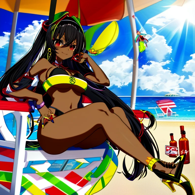 Anime – 1 girl – dark skin – best quality – 10.000 - hourglass figure - D cup breasts - red eyes with yellowish shades - long black hair - beach - seductive pose - silky smooth skin - pedicure with bright colored nail polish - manicure with bright colored nail polish - flip flops with platform heels - wearing a visually stunning bikini masterpiece, das jedermanns Aufmerksamkeit auf sich zieht