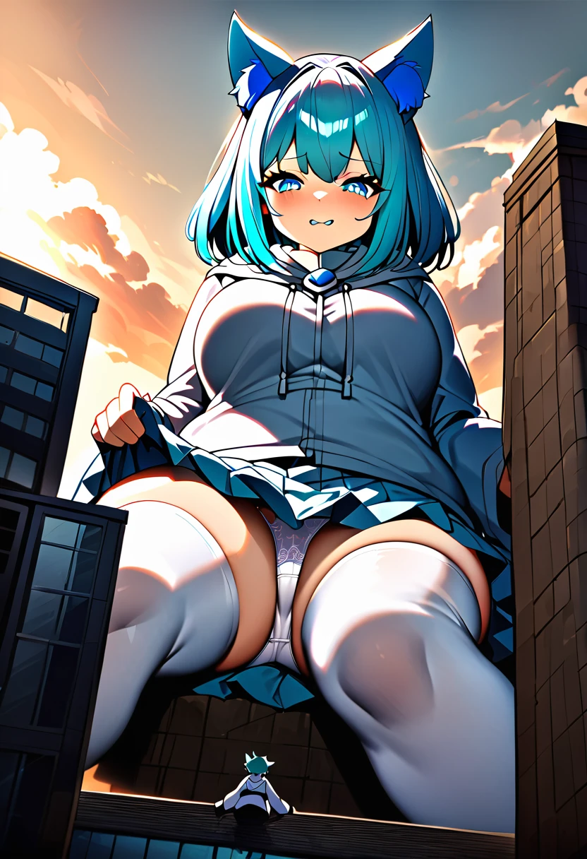 huge， girl，short skirt，teasing，A giant girl taller than a building，Wearing white stockings，Sitting on the roof of the building，The view from the rooftop，Close to the perspective of fat，Toyed around，shrouded in the villain，Lifted up the skirt，arroganthuge，Light cyan hair，Big blue cat ears，Teenage girl，short skirt，Teasing the villain，A giant girl taller than a building，arrogant,Wearing white panties