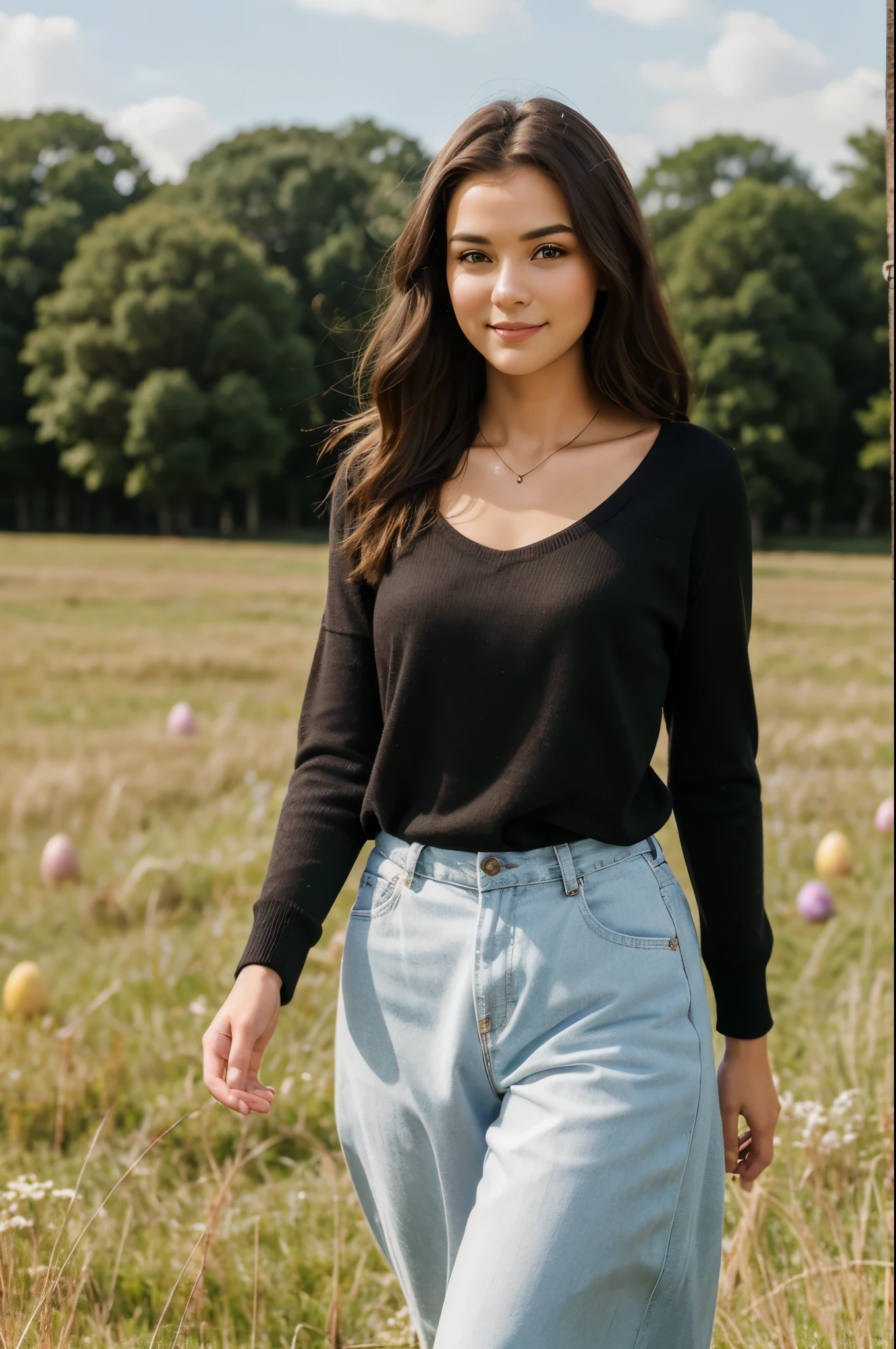 full-body photography of 21 year old young woman, dark brown tight hairstyle, wear nice fancy fashion clothes,she is walking in a field with grass and easter eggs, "Image Quality: 8K (Best Quality Scale: 1.2),A conon camera on her neck ,Artistic Style: Realistic, Photorealistic Factor: 1.37, Clarity: Ultra High Definition, Pleasant Smile,