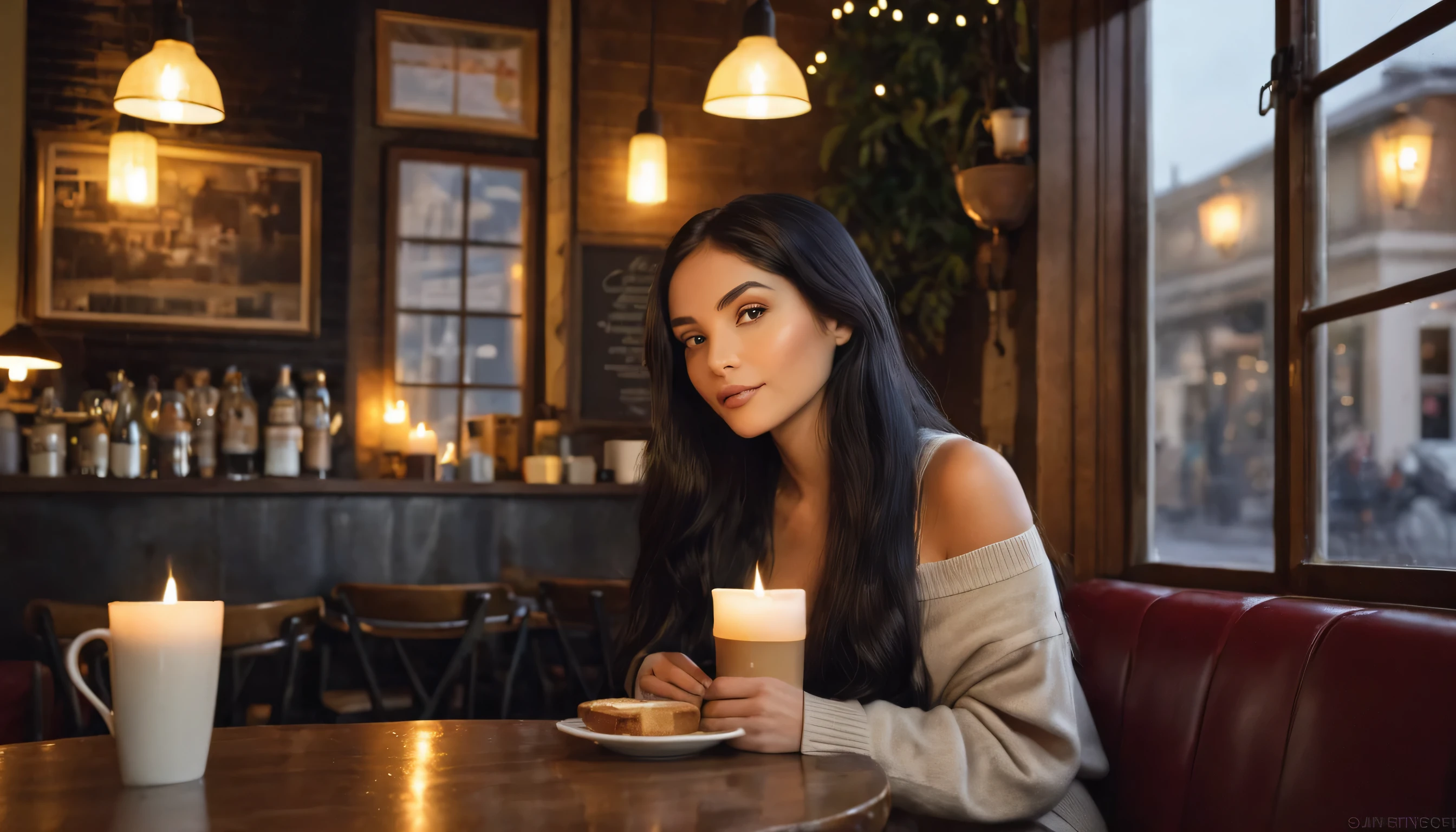 (best quality,4k,highres,masterpiece:1.2),ultra-detailed,(realistic,photorealistic,photo-realistic:1.37),cozy cafe corner,serene atmosphere,long black hair woman,tasteful lighting,warm lighting,window light,candlelight ambiance,calm expression,peaceful vibe