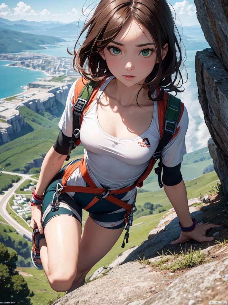 (we see her from above), ultra high definition, best quality, masterpiece, highres, (colorful), artstation, concept art, smooth, sharp focus, illustration, sport girl, Hyperrealism, small breast, small hips, detailed face, delicate face, focus on face, ((pov)), (30 years old), wide eyes, (green eyes), brown hair, (lightly muscled body), (climbing a cliff), ((climbing gear)), (lead climbing), ((smoking cigarette))