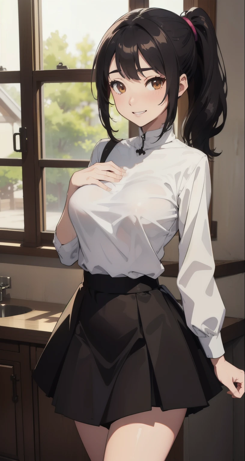 { masterpiece : best quality : high resolution : unity 8k wallpaper : illustration } { nsfw : hentai } { Background = inside dark cabin  } { human puppet (Shiho Suzui) : dark ponytail hair : fit body : perfectly shape breast : white sport shirt : skirt : perverted smile : grin : standing :  : hand on breast :  }