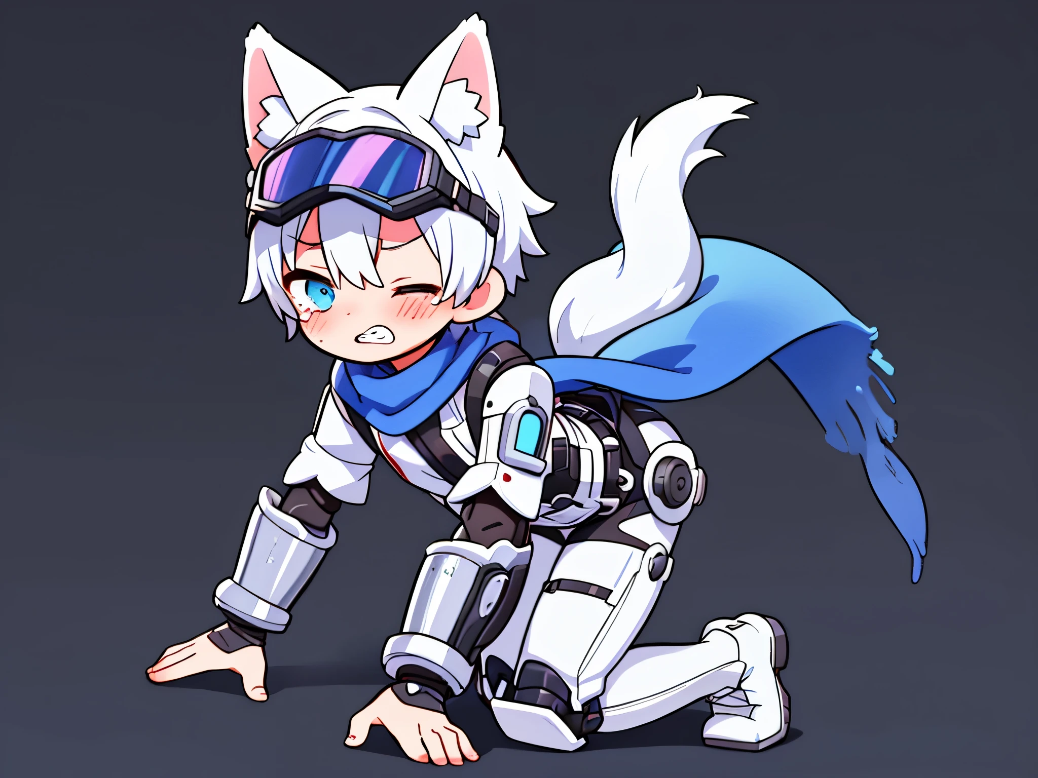 ((1 boy))，solo，straight hair，wolf ears，((blue visor goggles)) , Crying in pain，Grit your teeth，blood on body，close one eye,(transparent background)，(Blue and white full body mechanical armor)，turtleneck bodysuit，scarf，white boots, white tail，scars，game over，(all fours) , Shadow effects, ORZ, anatomically correct