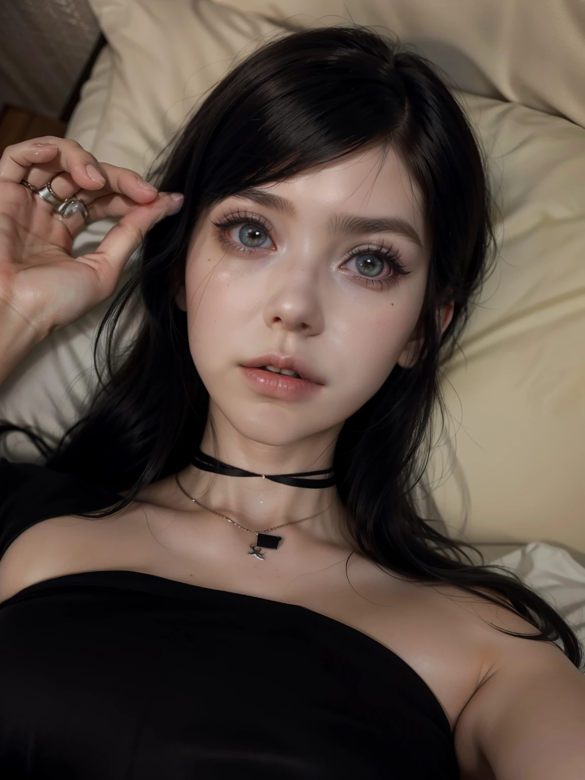 there is a woman with a black top laying on a bed, belle delphine, anime girl in real life, young beautiful amouranth, pale goth beauty, 1 7 - year - old goth girl, 1 7 - year - old anime goth girl, amouranth, black hair and large eyes, anime vibes, cruel korean goth girl