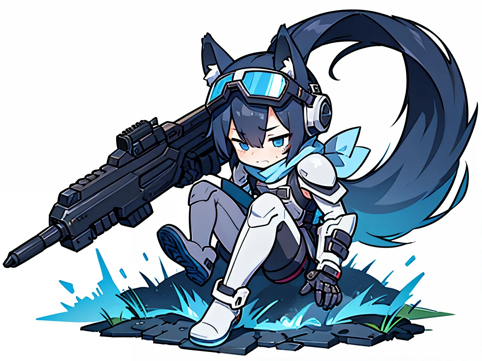 ((1 boy))，solo，straight hair，wolf ears，((blue visor goggles)) , Painful face，Grit your teeth，blood on body，close one eye,(transparent background)，(Blue and white full body mechanical armor)，turtleneck bodysuit，scarf，white boots, white tail，scars，game over，Frustrated forward bend , Shadow effects, anatomically correct