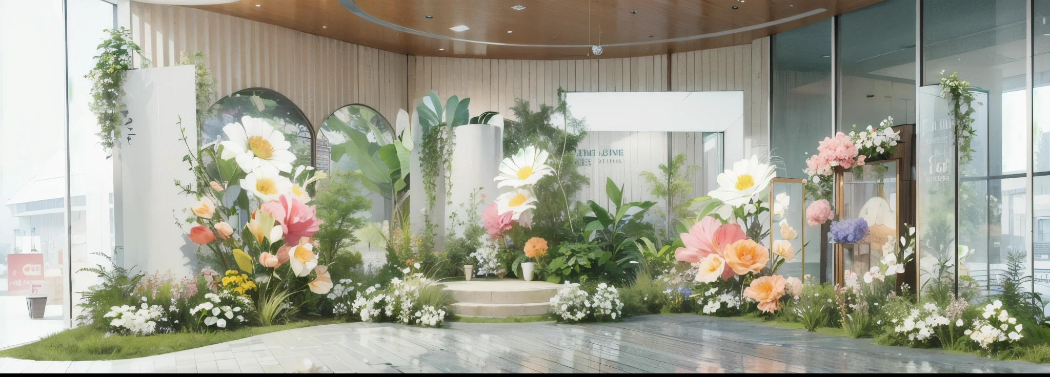 3D rendering, Flower Installation, Events held in Kengo Kuma&#39;s lobby&#39;office, Green plants and white, In the tall glass compartment, Grass, There is a huge pale rose on the marble floor, colorful, vine, watercolor,Planting White Roses, pillar, wedding, HD quality, high detail, Very detailed, Fair, architectural shots, Surrealism, Unreal Engine 5