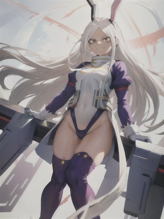 Meisterwerk, Best quality, mirkomha, Boku no hero academia, Hasen Ohren, Dunkle Haut, rote Augen, in armless, White gloves, Trikot mit hohem Beinausschnitt, (white hair, lange Haare), big , Pelzkragen, purple thighhighs, white leotard, EVIL SMILE, bedeckt