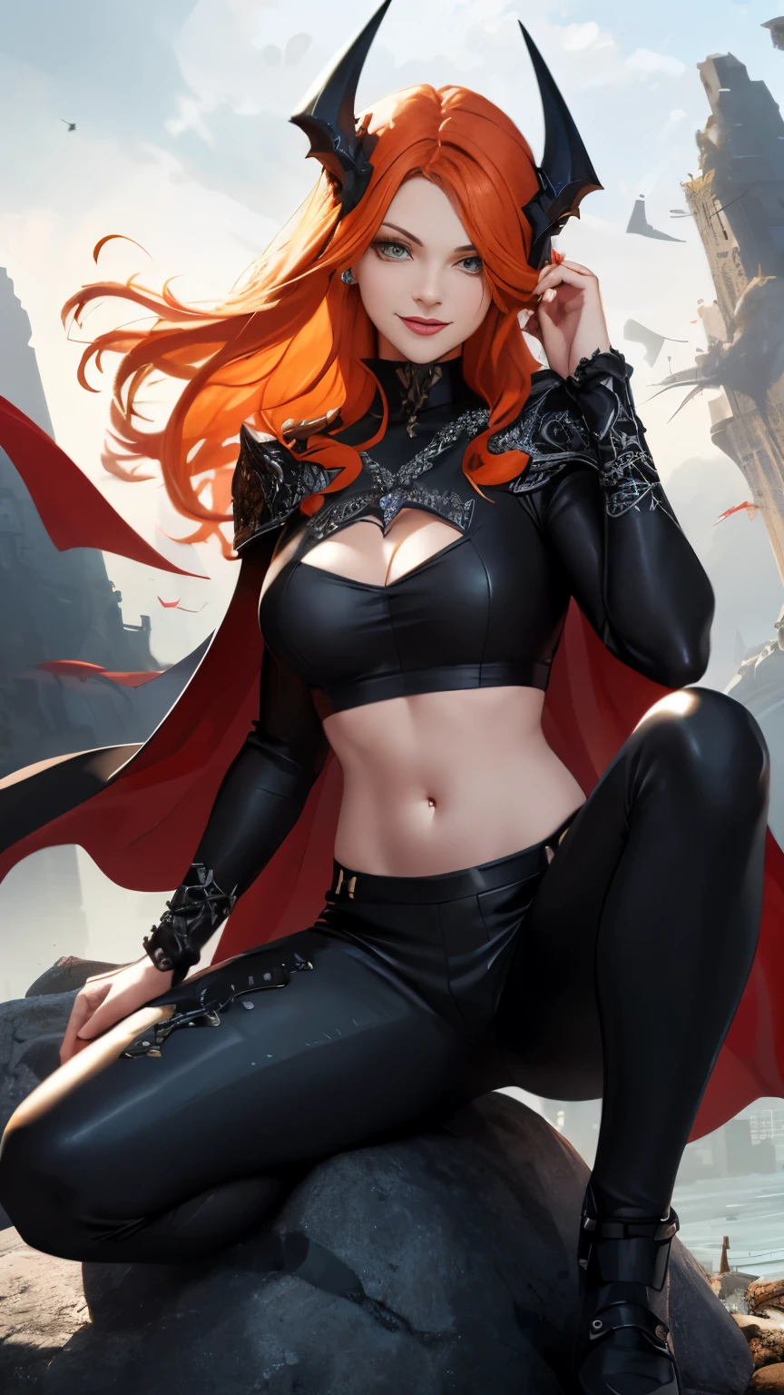 (Highly quality, masterpiece, detailed), fire city detailed scenario, fire city detailed background, solo, orange hair, madelynepri, 1woman, black cape, black crop top, leather pants, sleeves, navel, perfect face, evil smile, sitting on a rock, beautiful eyes, look at the viewer, Sexy pose