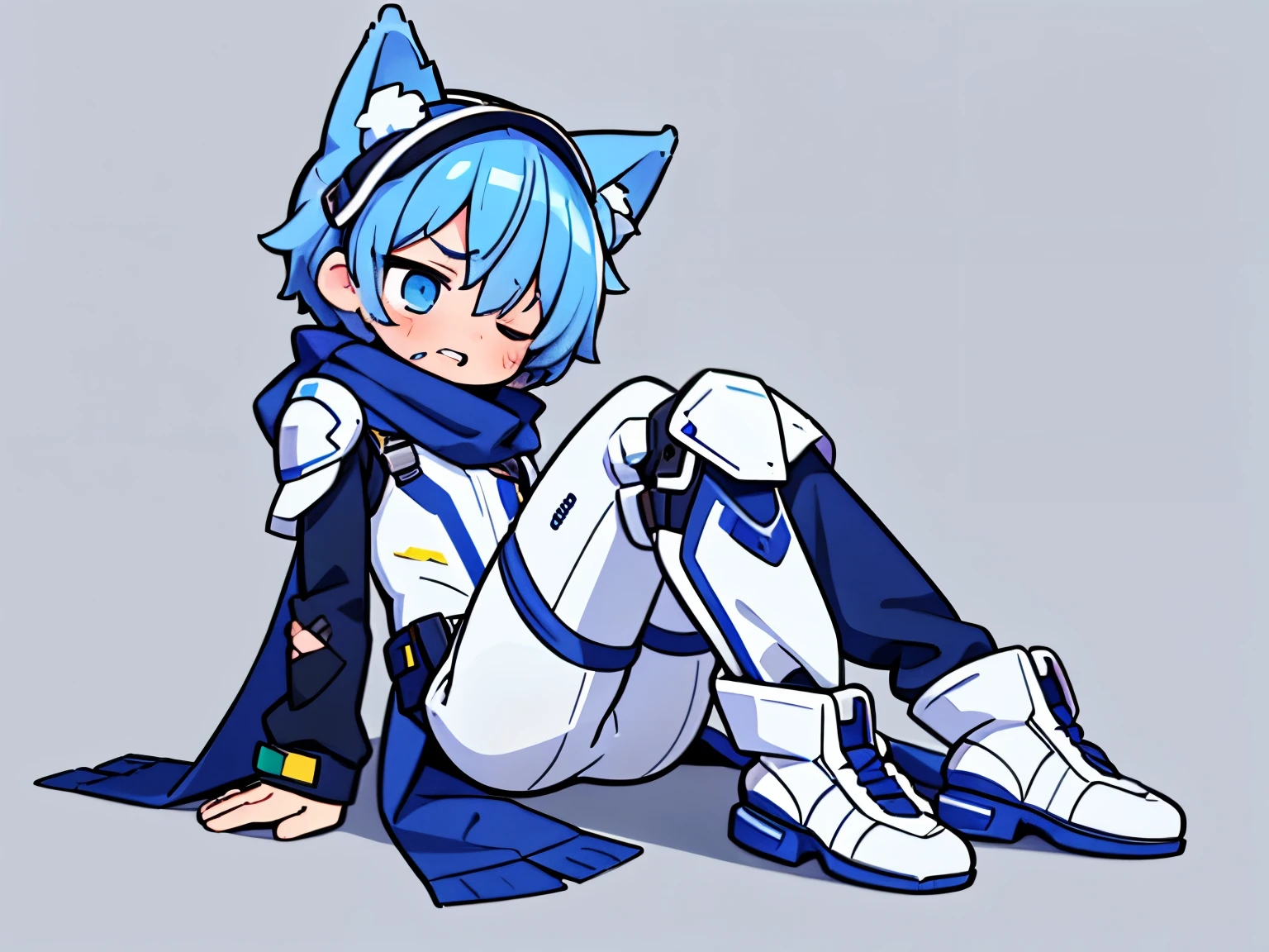 ((1 boy))，solo，straight hair，wolf ears，((blue visor goggles)) , Painful face，Grit your teeth，corner of mouth，close one eye,(transparent background)，(Blue and white full body mechanical armor)，turtleneck bodysuit，scarf，white boots, scars，Frustrated forward bend , Shadow effects, anatomically correct，die，surrender，killed