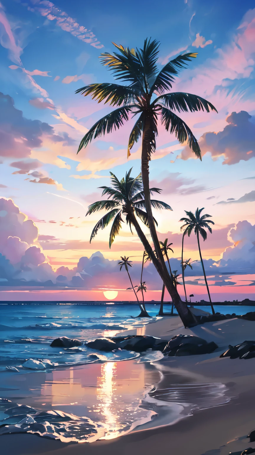 landscape of palm trees and beach, the sky together with the palm trees occupy 95%, purple sky with greater intensity 99% and 1% warm color, (only 5 palm trees, one larger 70% and the rest 30%) sunset Realism (masterpiece:1.2), (Best quality), 4k, ultra detailed, (dynamic composition:1.4), highly detailed, Colorful details, (iridescent colors:1.2), (bright lighting, atmospheric lighting), dreamy, magical, (only:1.2)