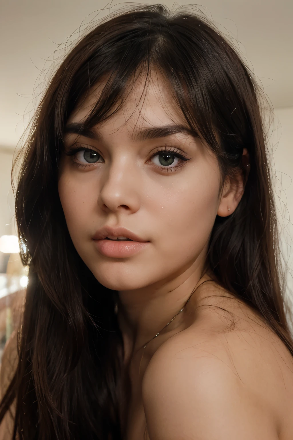 frontal close up photo of an attractive woman, natural beauty, 23 years old, green eyes, long dark hair with bangs, symphathic, girl next door, big eyes, full lashes, big lips, small nose, full bangs, fuller cheeks, black hair, skin without any marks, sandhour figures, big silicone , round ass, sporty, upper lip as big as the under lip