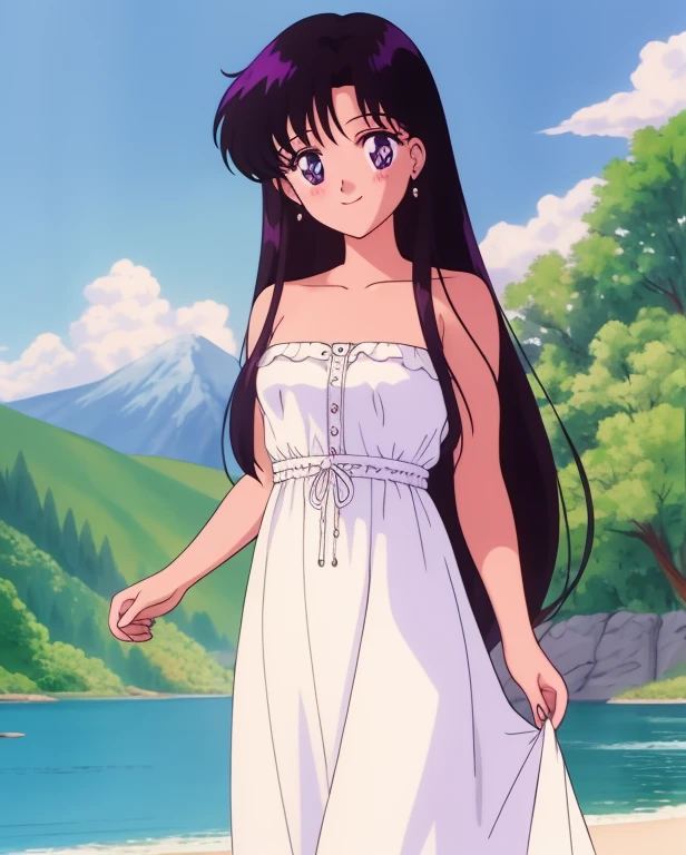 1990s \(style\), masterpiece, best quality, highres, outdoors, small breasts, 1 girl, Solo, ReiHino, Purple Eyes, Beautiful Detail Eyes, Long Black Hair, Straight Hair, Good hands are down, Smile, Blushing, Bare Neck, Bare Shoulders, strapless, White Ruffle Off-the-Shoulder Top, White maxi dress. Cowboy shot. A landscape of blue skies, a mountain, a far away mansion, a lake and a green valley. In the center.