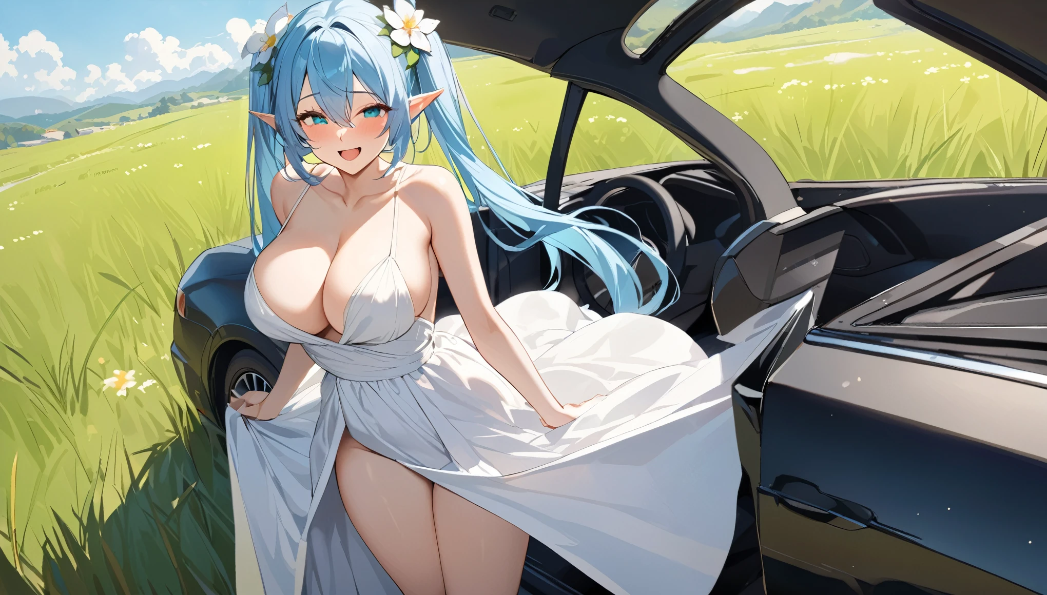  (masterpiece, best quality), 1 elven girl, ( bear breasts, thigh),  (light blue hair, twin tails ,very long hair is fluttering in the wind), hair between eyes, multi colored hair,hair flower ornament ,(blush, smile, aqua eyes), open mouth, elf dress,  white dress , (Open the front of the  dress chest very wide), large breasts, pointed ears, car ,black car , standing next to the car,  grassland