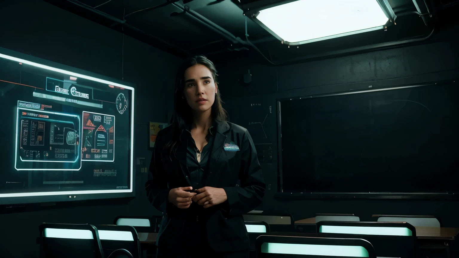 Jennifer Connelly as a teacher of the future teaching in a science fiction school with a futuristic blackboard with neon lights, video board in a room full of students
