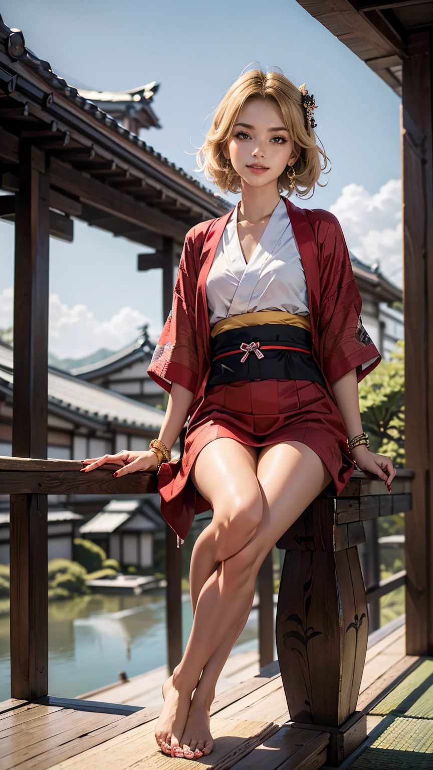 ((最high quality, 8K, masterpiece: 1.3, ultra hd, high quality, 最high quality, High resolution, realism)) 、Beautiful 22 year old Caucasian woman、hair color blonde、blue idium hair、straight hair、smile、Slender but well-proportioned muscular body、Athlete-like figure、i don't'I don't want my head to disappear from the screen..、Wear accessories on your wrist、Wearing red nail polish、Having a pedicure、Sitting on the balcony of a Japanese house in rural Japan、that'summer、Wind chimes are hung at the eaves.、barefoot、fan、Beyond the balcony is a courtyard.、wear a Yukata