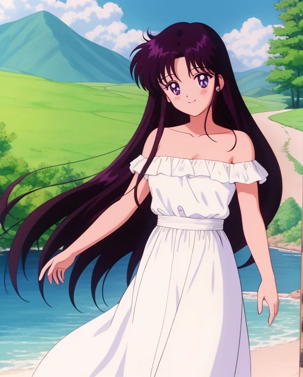 1990s \(style\), masterpiece, best quality, highres, outdoors, small breasts, 1 girl, Solo, ReiHino, Purple Eyes, Beautiful Detail Eyes, Long Black Hair, Straight Hair, Good hands are down, Smile, Blushing, Bare Neck, Bare Shoulders, strapless, White Ruffle Off-the-Shoulder Top, White maxi dress. Cowboy shot. A landscape of blue skies, a mountain, a far away mansion, a lake and a green valley. In the center.