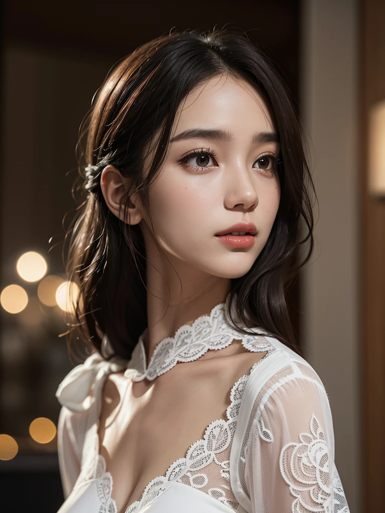 (Highest image quality, 8K,32K,Masterpiece, UHD:1.2),Raw photo,(real:1.4),cinematic lighting,(night:1.5),aristocratic mansion,1 woman,20 year old beauty,beautiful japanese woman,(White lace top:1.6),7 head and body,golden ratio,slim abs,beautiful breasts,erect nipples,(medium hair:1.2), shiny hair, black hair,braid,light makeup,red lipstick,Glossy lips, fine-textured skin, transparent skin,((brown eyes)) double, The sparkle in your eyes is beautiful, Voluptuous long legs, shy smile, side view,not looking at the audience