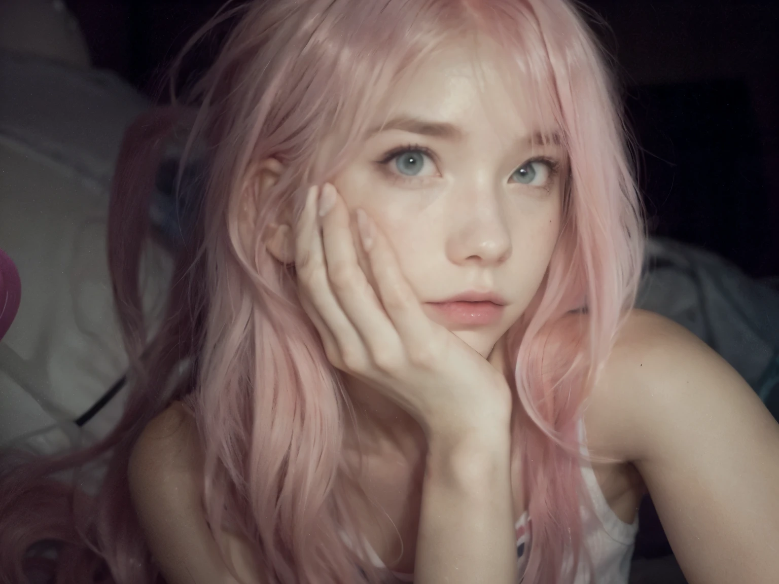 blond girl with pink hair and a white tank top posing for a picture, with pink hair, pink wispy hair, long pink hair, pink hair, she looks like a mix of grimes, bubblegum hair, long flowing pink hair, light pink hair with pink flames, flowing pink hair, light pink hair, pink straight hair, belle delphine