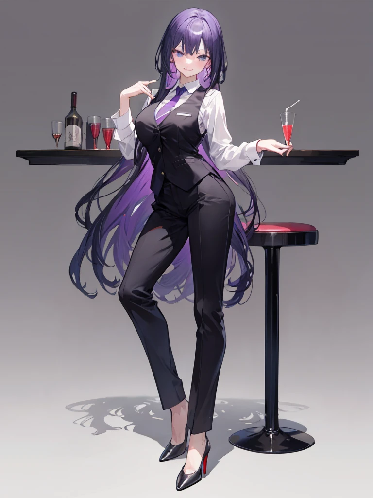 Purple,long hair,woman,bartender,Black vest,shirt,tie,pants,high heels,all,simple background,smile,whole body,full body,full body,Standing picture,vtuber,upright,,look forward to,body facing forward